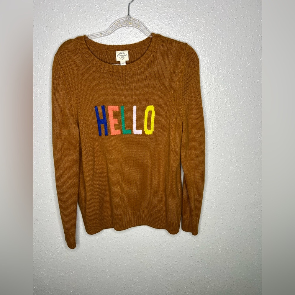 St. John's Bay Brown With Multicolor Lettering “Hello” Sweater Women L